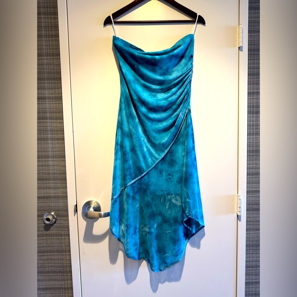 Y2K 90s Taboo asymmetrical jeweled blue ruched tube dress size medium rare!!